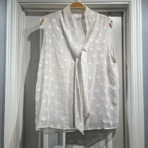 Calvin Klein White Sheer Polka Dot Top Sz Large - Picture 2 of 7